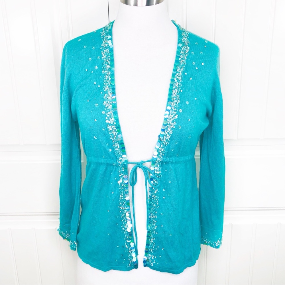 Vtg Rebecca Taylor Green Cashmere Cardigan Sequins